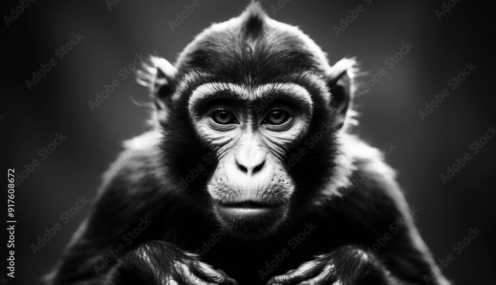Black and white portrait of a monkey with intense gaze

