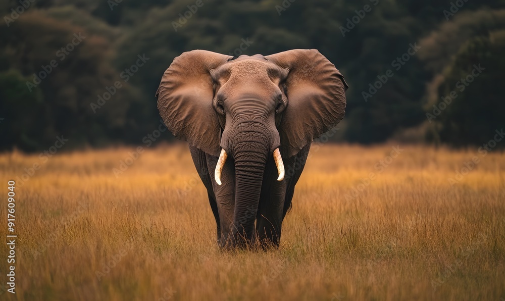 Fototapeta premium Grassland with wild elephants approaching head on, Generative AI
