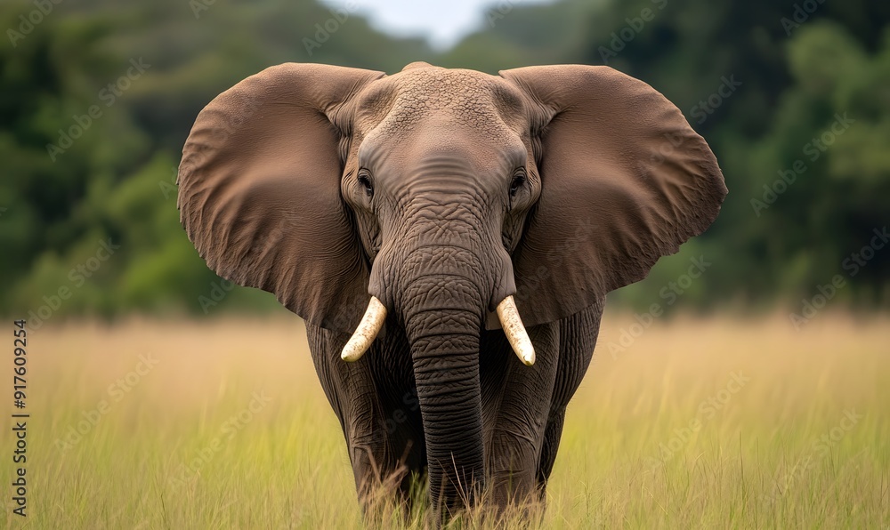 Naklejka premium Grassland with wild elephants approaching head on, Generative AI