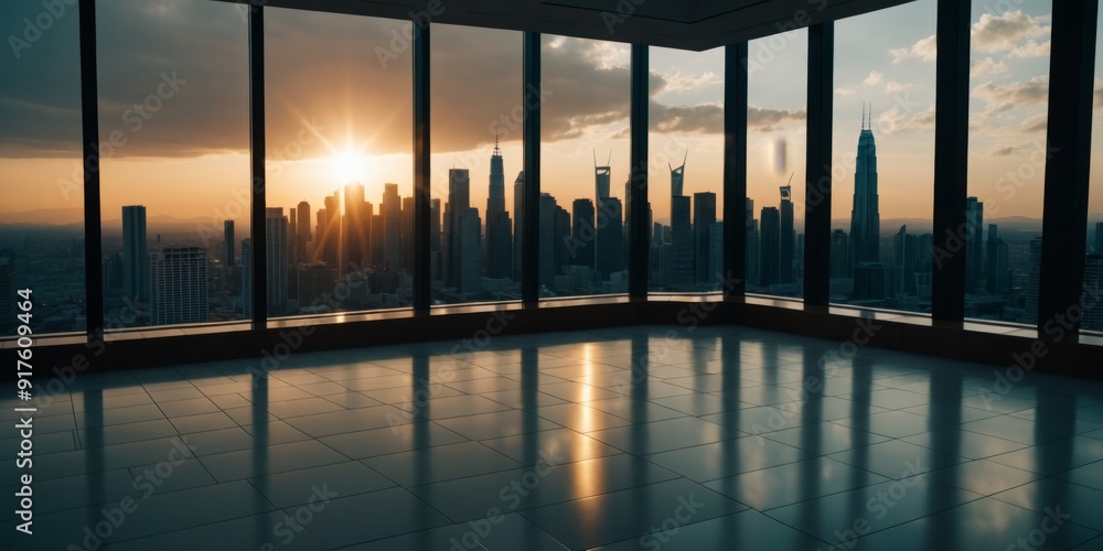 Empty room with panoramic city skyline view, natural light, tall Empty room with panoramic city skyline view, natural light, tall