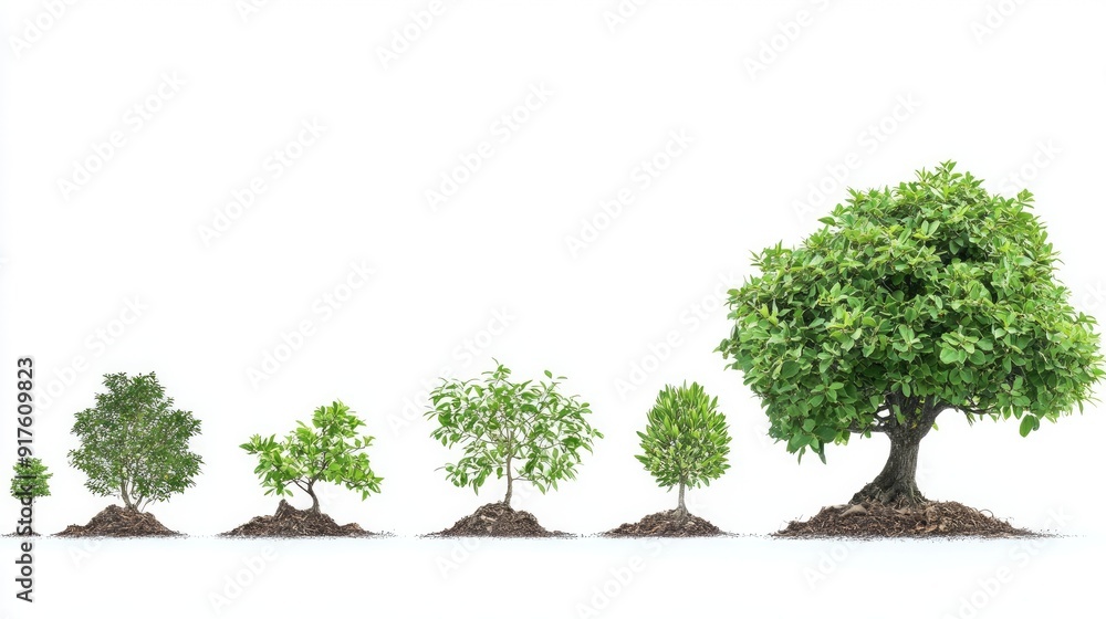 Obraz premium Tree life cycle illustrated in stages, from germinating seed to mature tree. Isolated on white