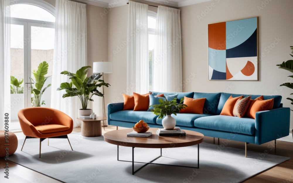 Fototapeta premium Modern Living Room with Blue Sofa, Orange Armchair, and Stylish