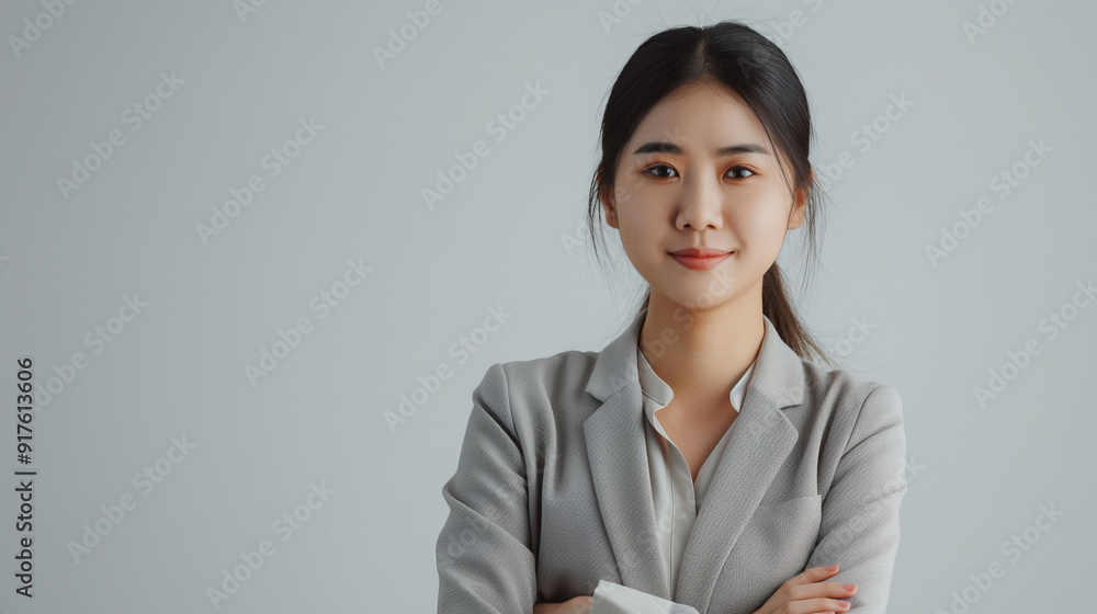 Smiling confident calm millennial business woman, teacher in formal wear with crossed arms, isolated on gray background studio background. Smiling confident calm millennial business woman, teacher in formal wear with crossed arms, isolated on gray background studio background.