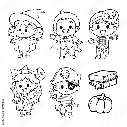 Set of kids in halloween costumes line art cartoon. Vampire, witch, pirate, skeleton, frankenstein, dracula coloring book. Coloring page for kids. Elements for halloween festival decorative design.
