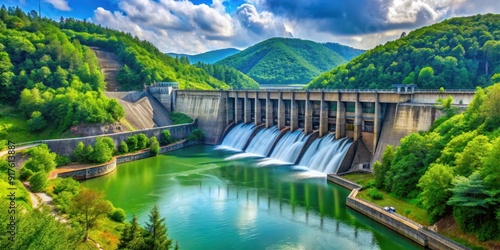 Hydroelectric dam surrounded by vibrant greenery, hydroelectric, dam, lush, greenery, nature, renewable energy