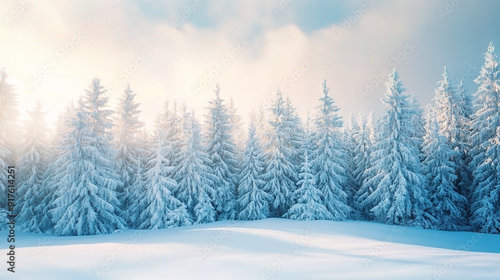 Fototapeta premium Winter's Embrace: Sun-Kissed Snow and Majestic Pines