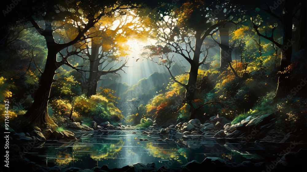 Obraz premium Sunbeams Illuminating a Tranquil Forest Stream