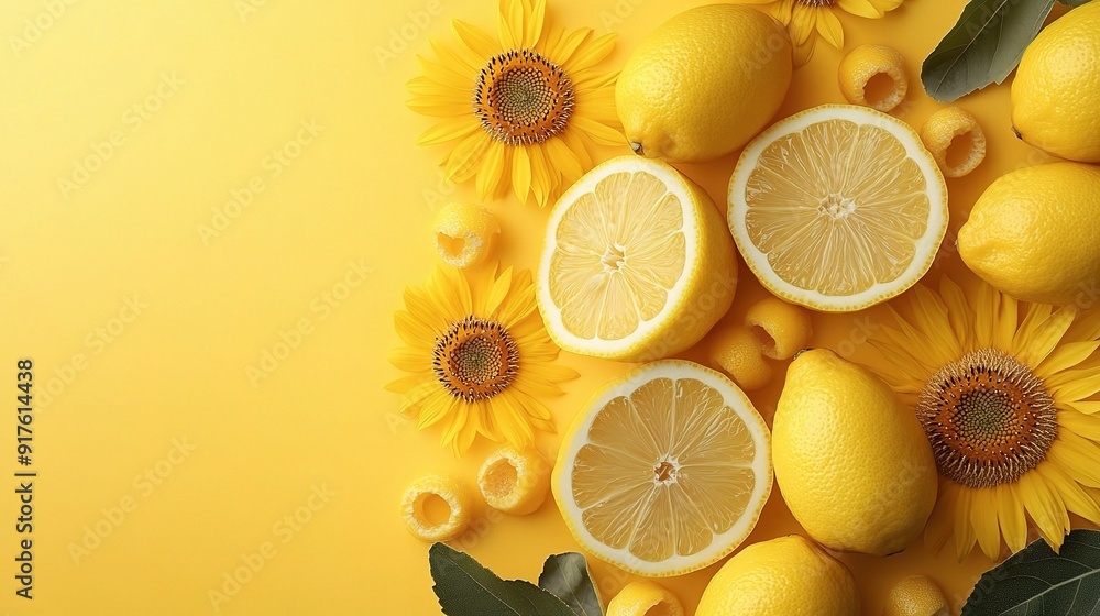 Lemon and Sunflower Sunshine: A vibrant yellow background adorned with halved lemons, whole lemons, sunflower blossoms, and green leaves Lemon and Sunflower Sunshine: A vibrant yellow background adorned with halved lemons, whole lemons, sunflower blossoms, and green leaves