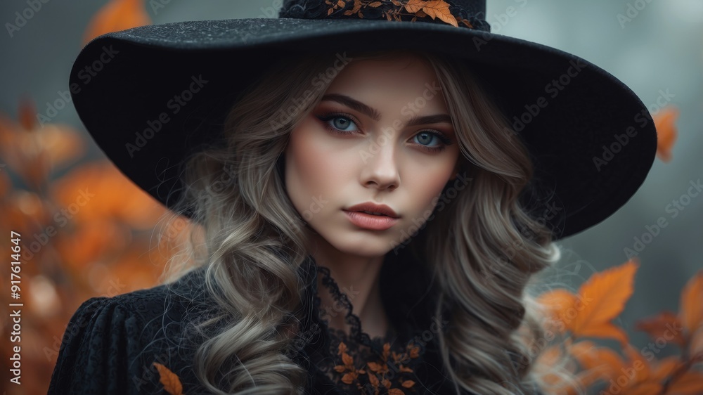 Portrait of an elegant woman with long wavy hair, wearing a black hat and coat, surrounded by vibrant autumn leaves, evoking a mysterious and serene mood.
Portrait of an elegant woman with long wavy hair, wearing a black hat and coat, surrounded by vibrant autumn leaves, evoking a mysterious and serene mood.