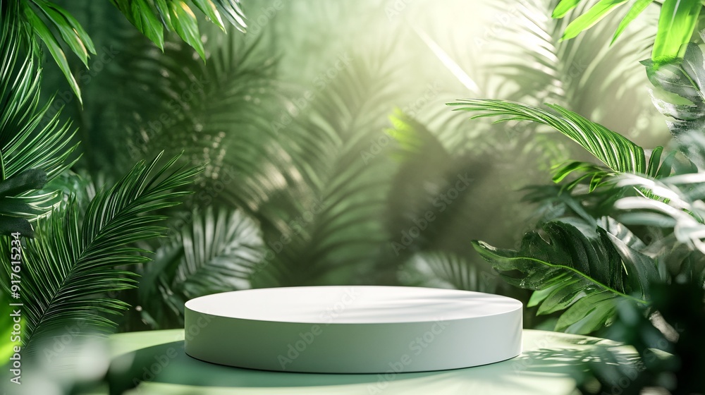240804 16. White podium geometry centered, empty stand background, lush tropical forest surroundings, abstract composition concept, vibrant green hues, soft natural lighting, minimalist product 240804 16. White podium geometry centered, empty stand background, lush tropical forest surroundings, abstract composition concept, vibrant green hues, soft natural lighting, minimalist product