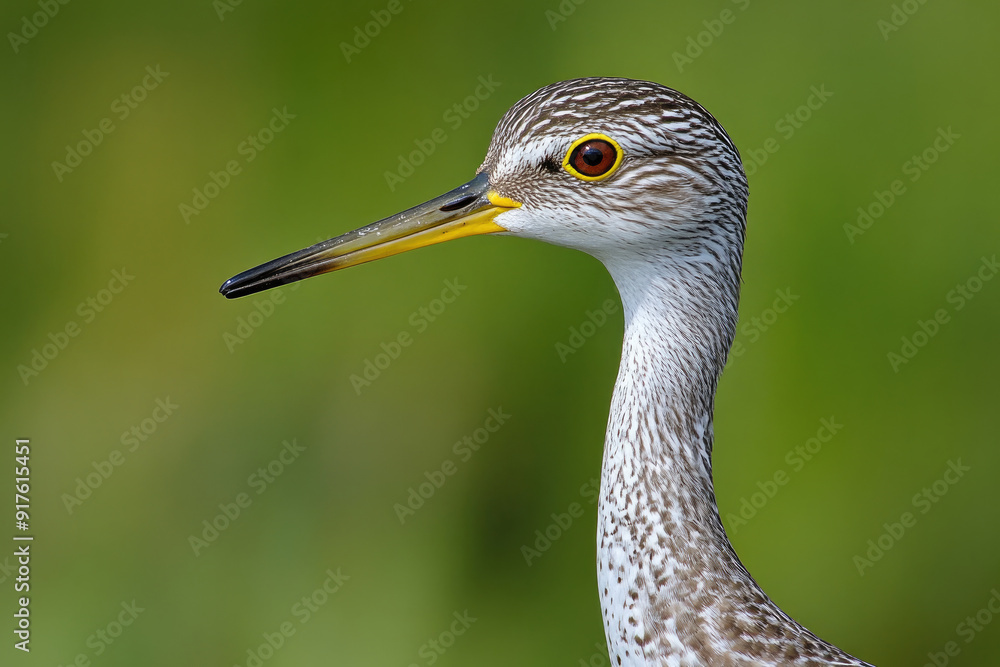 Detailed Close-up of Shorebird with Yellow Beak and Bright Eyes Against Green Background Detailed Close-up of Shorebird with Yellow Beak and Bright Eyes Against Green Background
