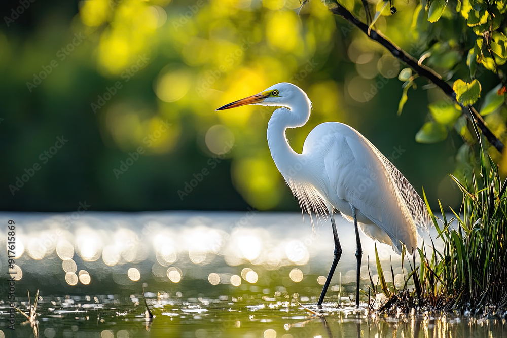 Naklejka premium Graceful Egret Standing by Sunlit Water's Edge with Lush Greenery