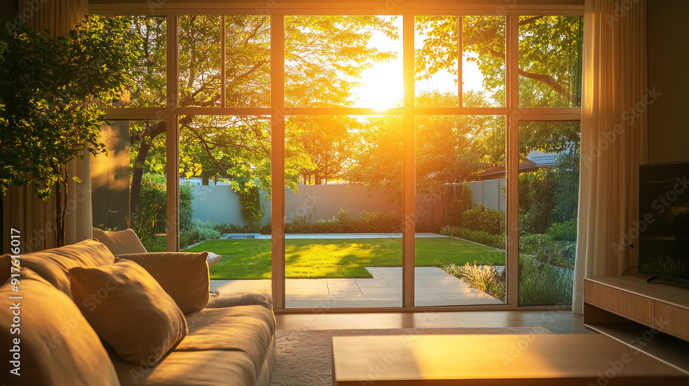 Golden view from modern home to an outside backyard through windows Golden view from modern home to an outside backyard through windows