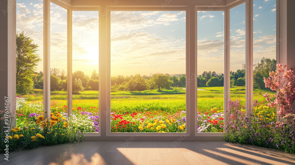 Golden view from modern home to an outside meadow through windows Golden view from modern home to an outside meadow through windows