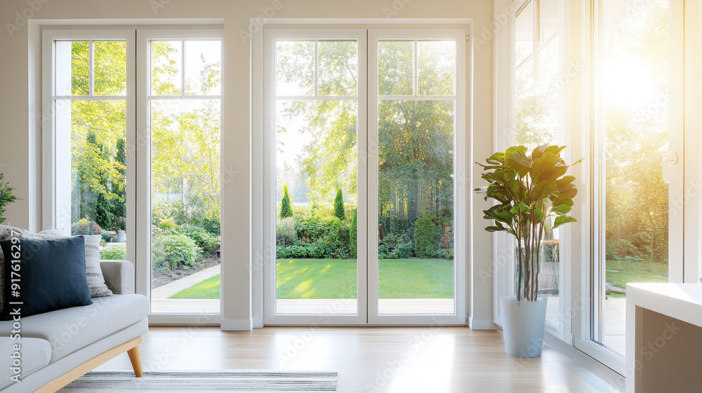 Fototapeta premium Morning view from modern home to an outside backyard through windows