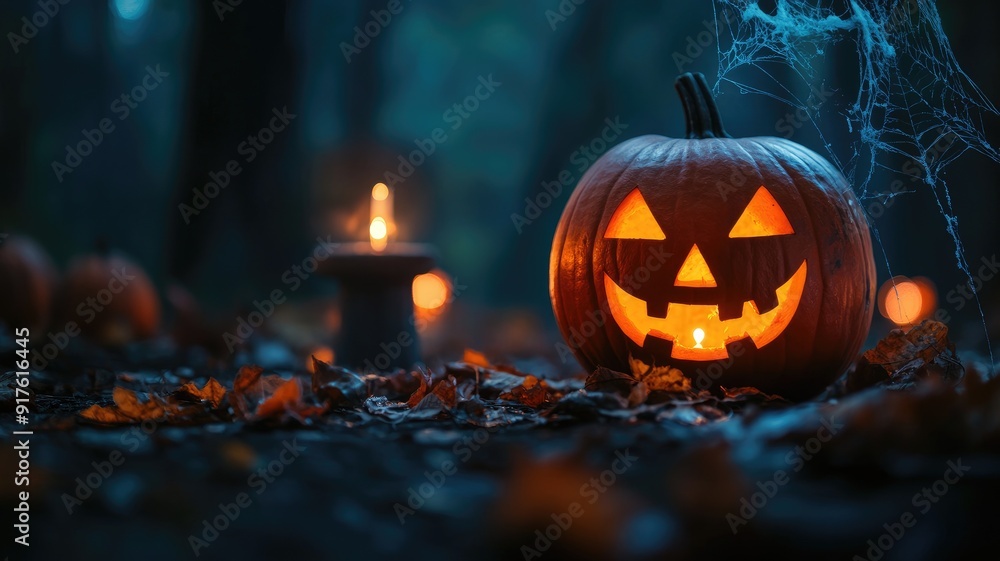 Glowing jack-o'-lantern in spooky forest with candles Glowing jack-o'-lantern in spooky forest with candles