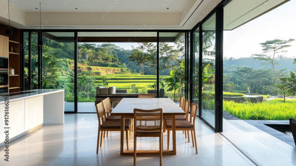 Morning view from modern home to an outside rice field terrace through windows Morning view from modern home to an outside rice field terrace through windows