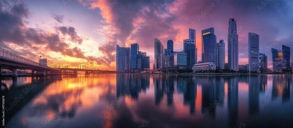 Obraz premium skyscrapers reflecting in calm water of river near bridge against cloudy sunset sky