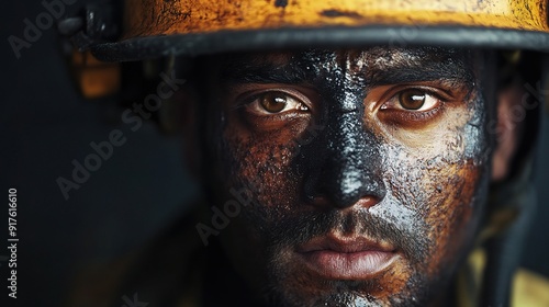 Firefighter's Resolve: A close-up portrait of a firefighter, his face smudged with soot and grime, eyes reflecting the intensity and determination of a hero in the line of duty. 