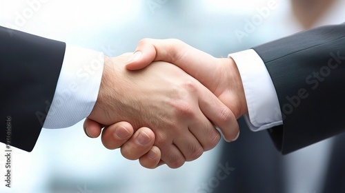 Sealing the Deal: A firm handshake between two businessmen in suits, symbolizing trust and partnership in a corporate setting.