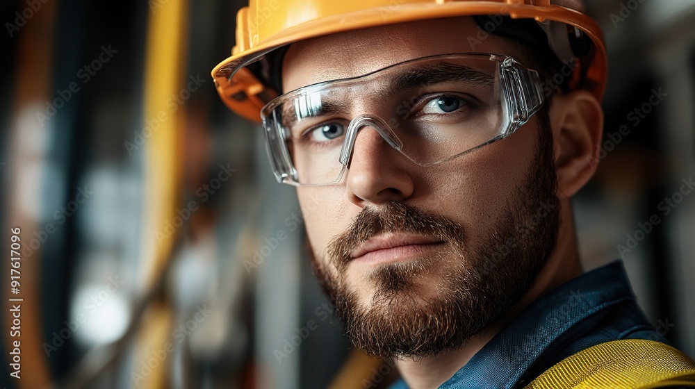 Focused Determination: A close-up portrait of a construction worker, his face etched with concentration and resolve as he stares intently into the camera. Focused Determination: A close-up portrait of a construction worker, his face etched with concentration and resolve as he stares intently into the camera.
