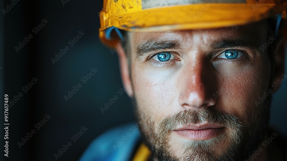 The Determined Gaze: A close-up portrait of a construction worker with piercing blue eyes, conveying a sense of determination, strength, and resilience. The Determined Gaze: A close-up portrait of a construction worker with piercing blue eyes, conveying a sense of determination, strength, and resilience.
