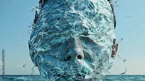A face emerges from the water, covered in swirling, abstract water.