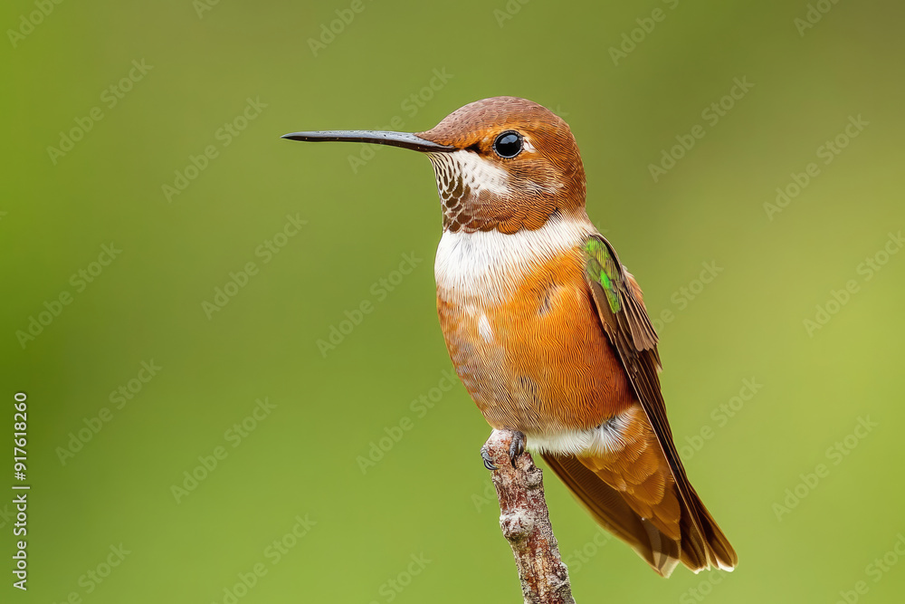 Fototapeta premium Hummingbird Perched on a Thin Branch with Green Blurred Background