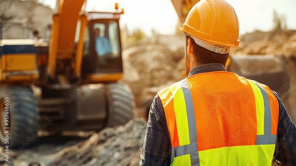 Construction Foreman: A focused construction worker in a hard hat and safety vest surveys the progress of an excavator on a bustling construction site Construction Foreman: A focused construction worker in a hard hat and safety vest surveys the progress of an excavator on a bustling construction site