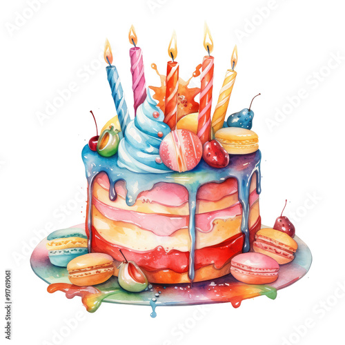 Birthday cake colorful celebration uscious fruit adorned cake, a delightful sweet escape, macaron candle fruit cream perfect party dessert squad plate transparent background photo