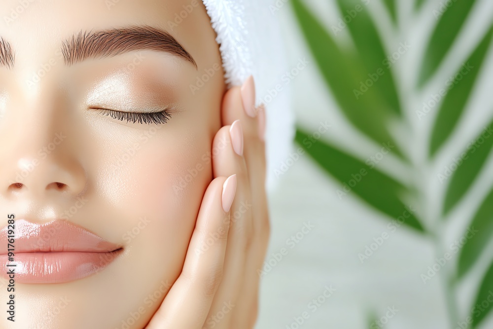 A serene close-up of a woman enjoying skincare in a calming environment, highlighting beauty and relaxation. A serene close-up of a woman enjoying skincare in a calming environment, highlighting beauty and relaxation.