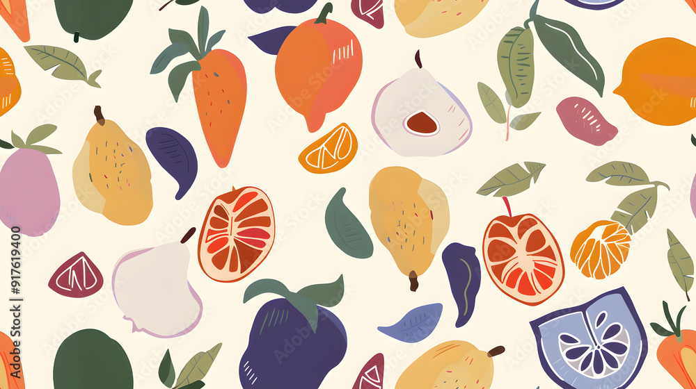 Seamless Watercolor Flat Lay Composition With Fresh Fruits With Leaves a Vibrant Pattern on a Plain Background Print for Textile, Packaging, Banner, Decor, Wrap, Fashion, Accessories, Web, Social.