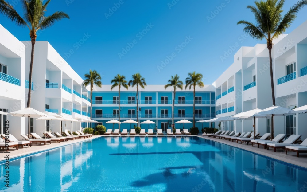 Fototapeta premium Tranquil Pool Oasis Surrounded by Palm Trees, Lounge Chairs, and