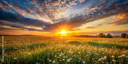 Sunset casting a warm glow over a vast field of grass and flowers, sunset, field, sun, dusk, landscape, rural, nature, peaceful