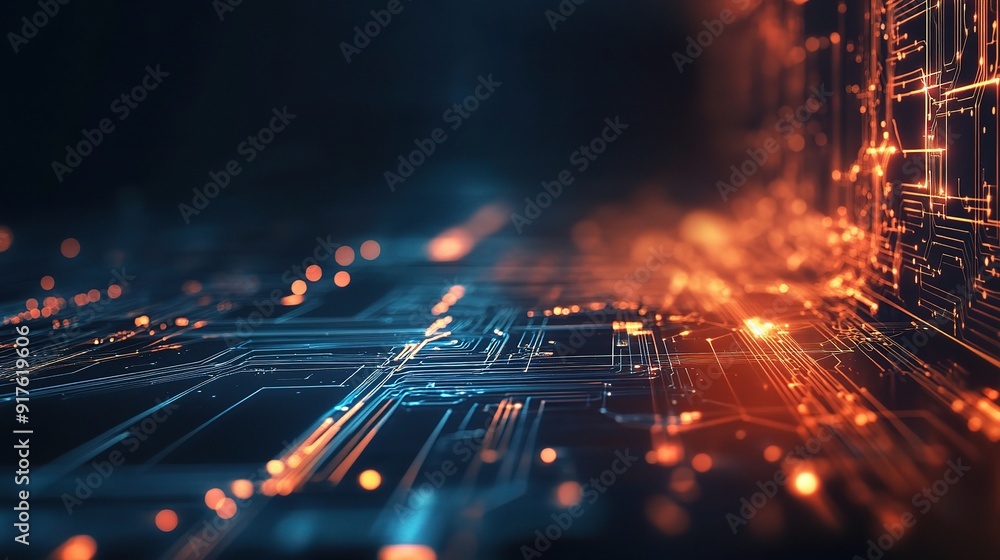 Fototapeta premium Abstract Technology: A mesmerizing abstract image of a glowing, futuristic circuit board, evoking themes of innovation, progress, and the digital age. 