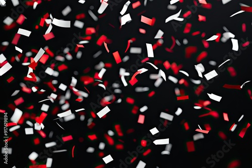 Red and white confetti falling on black background