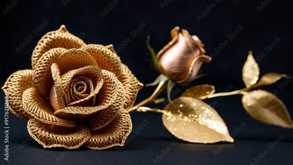 illustration of a gold rose meticulously crafted from yarn. illustration of a gold rose meticulously crafted from yarn.