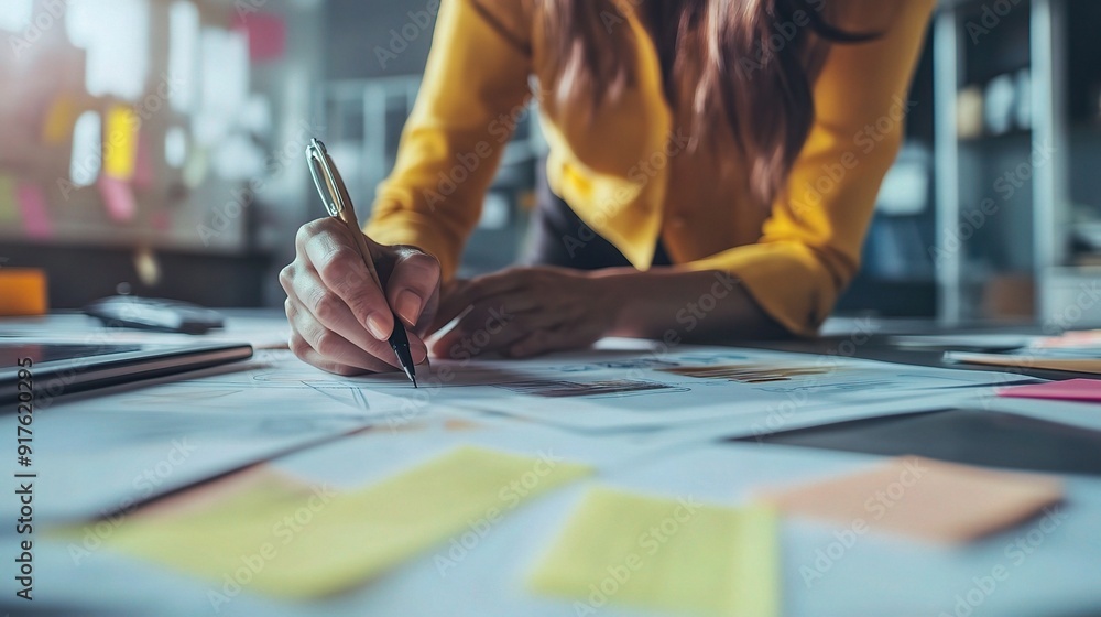 Architect of Innovation: Woman meticulously sketching plans on a cluttered desk, surrounded by notes and fueled by creativity. Architect of Innovation: Woman meticulously sketching plans on a cluttered desk, surrounded by notes and fueled by creativity.