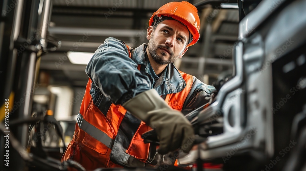 Focused Mechanic: A hardworking mechanic, clad in safety gear, meticulously inspects the engine of a heavy-duty vehicle Focused Mechanic: A hardworking mechanic, clad in safety gear, meticulously inspects the engine of a heavy-duty vehicle