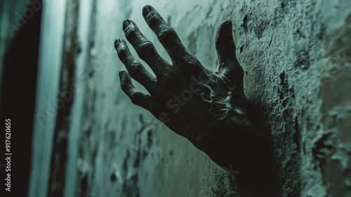 Dark, eerie scene with hand emerging from old, cracked wall photo