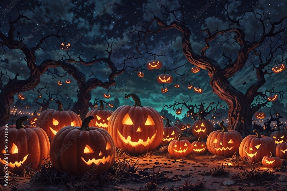Fototapeta premium A dark, eerie forest with glowing jack-o'-lanterns, capturing the spooky essence of Halloween night.
