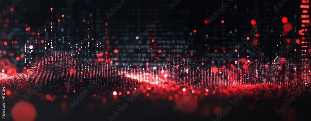 Digital sound wave with binary code background, black color theme, blurred dark background. Digital sound wave with binary code background, black color theme, blurred dark background.
