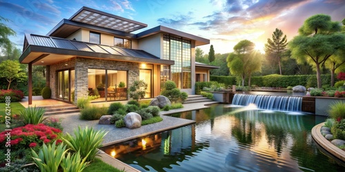 Modern eco friendly home with solar panels surrounded by lush garden oasis, tranquil pond, and waterfall, modern