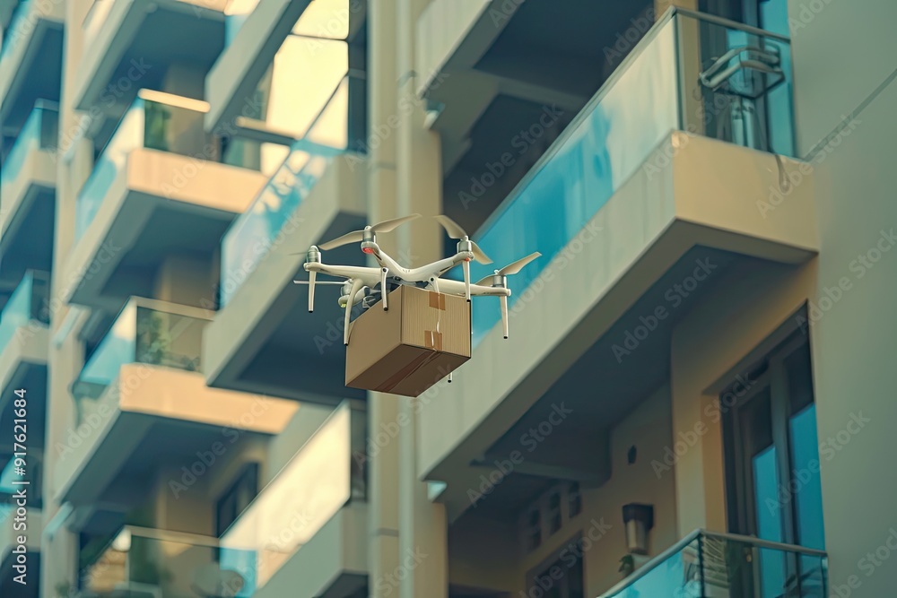 Drone Delivering Package to Apartment Building Drone Delivering Package to Apartment Building
