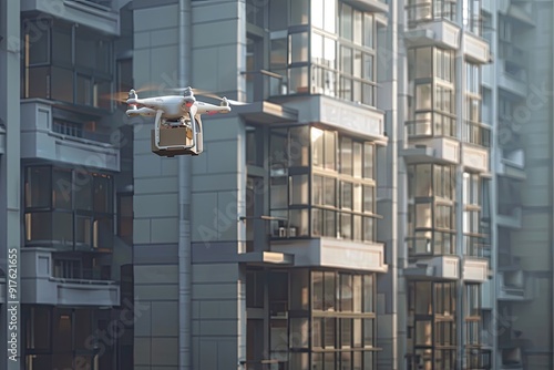 Drone Delivery in Front of a Modern Apartment Building photo