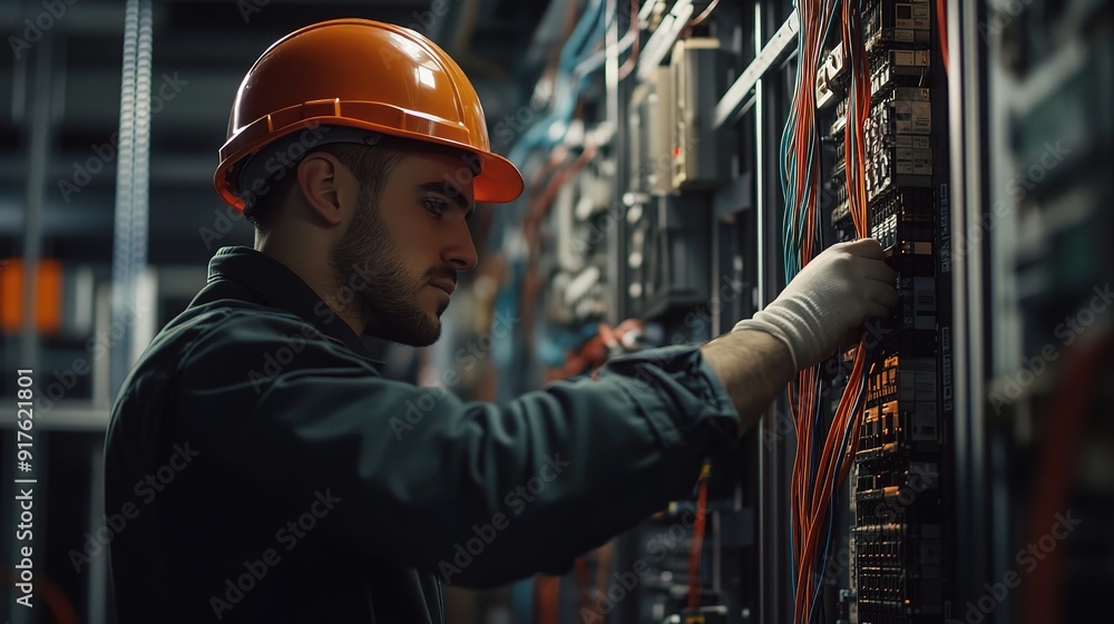 Connecting the Future: A focused electrician meticulously works on a complex server rack, highlighting the crucial role of skilled labor in the digital age. Connecting the Future: A focused electrician meticulously works on a complex server rack, highlighting the crucial role of skilled labor in the digital age.