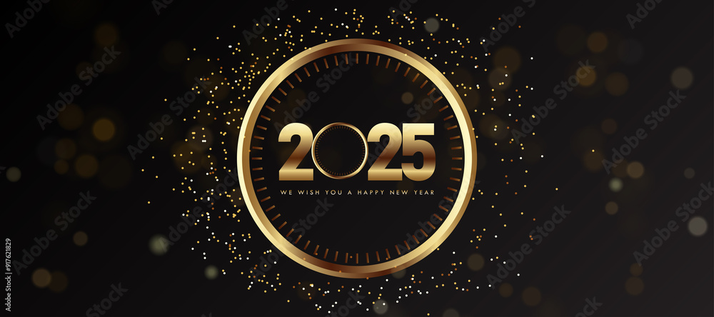 2025 Happy New Year with clock gold text and a buka background 2025 Happy New Year with clock gold text and a buka background