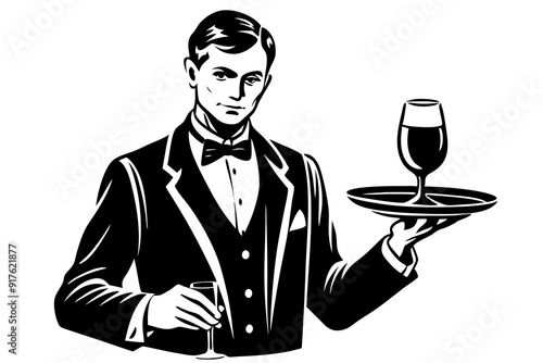 Elegant Waiter Wine Serving Icon Vector Design