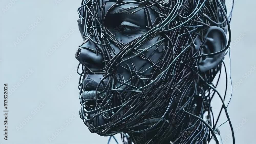 Abstract portrait of a person's face covered in wires, representing technology and human connection. Abstract portrait of a person's face covered in wires, representing technology and human connection.