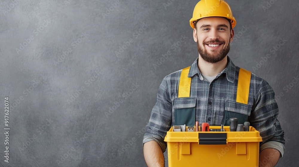 Confident Craftsman: A smiling, bearded handyman exudes confidence in his work as he stands with a yellow toolbox in hand, ready to tackle any task. Confident Craftsman: A smiling, bearded handyman exudes confidence in his work as he stands with a yellow toolbox in hand, ready to tackle any task.